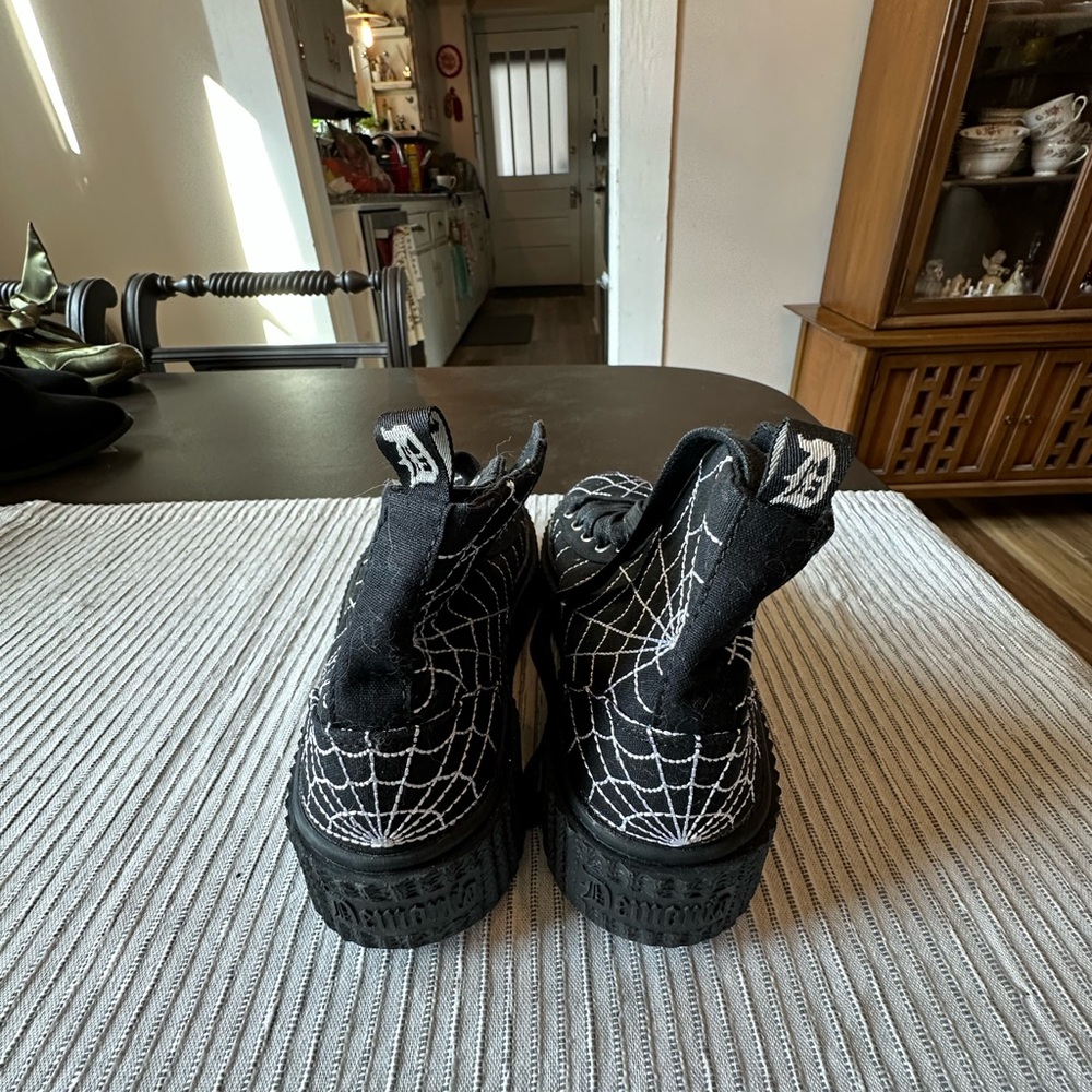 Demonia Black Lace-Up Platform Boots with White Spiderweb Embroidery - Picture 3 of 4